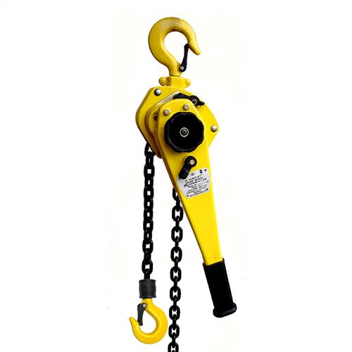 Yellow industrial lever block with hooks