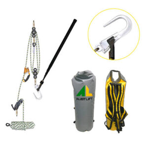 Rescue kit with rope pulley, bag, harness, hook