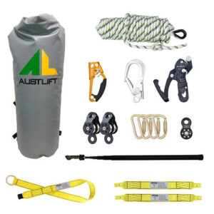 Rescue kit with rope, pulleys, bag, web slings, hooks, karabiner